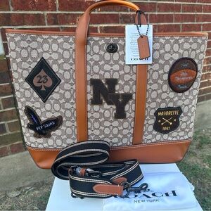 Coach Toby Turnlock Tote In Signature Textile Jacquard With Varsity Patches
